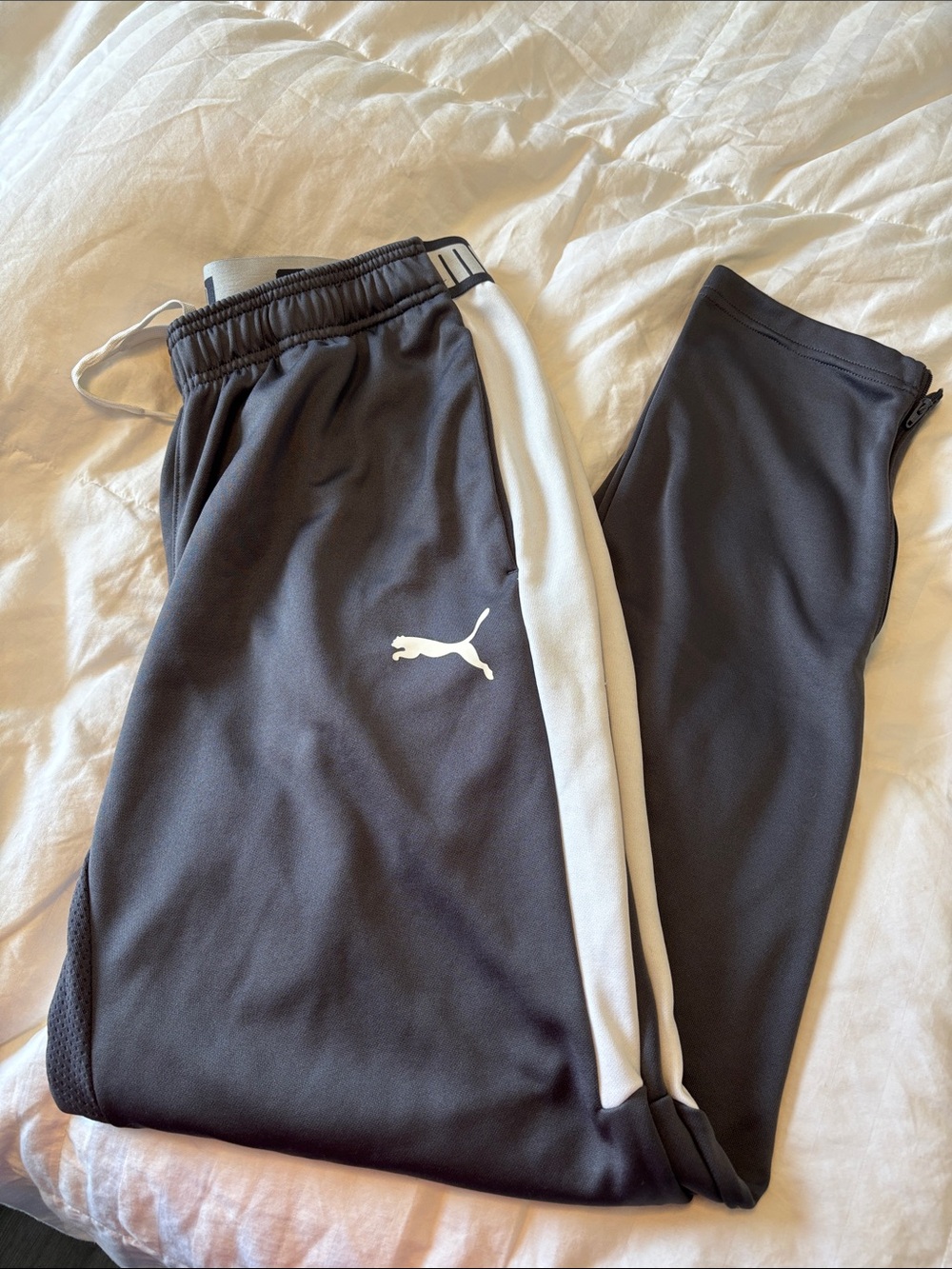 Puma Mens Gray Joggers with White Stripe